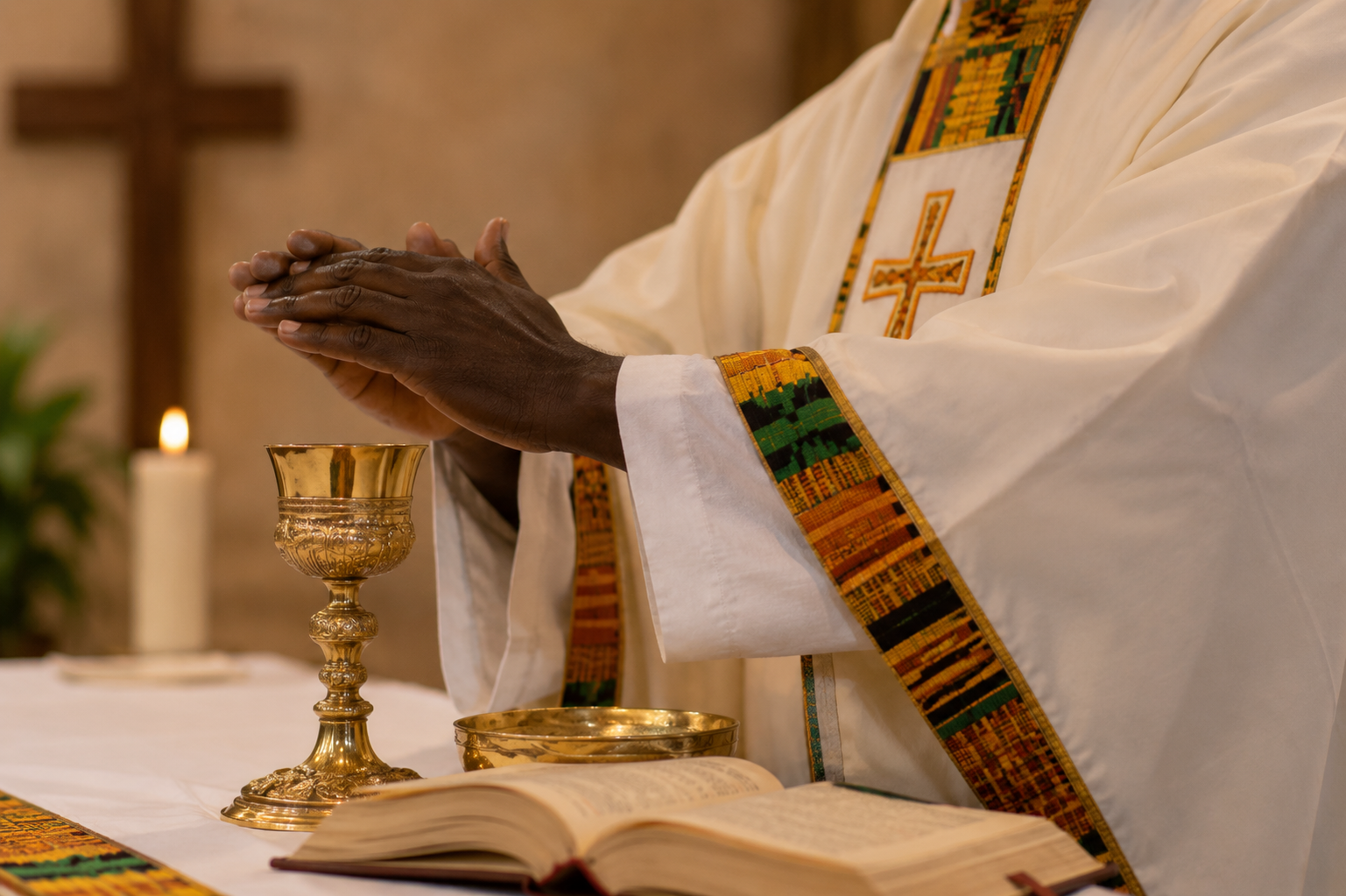 Prêtre africain célébrant la messe avec calice doré et étole en kente